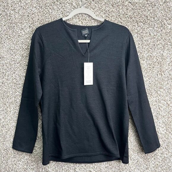 Eileen Fisher Top Women's Small Black Stretch Silk Tussah Knit Split V-Neck NWT